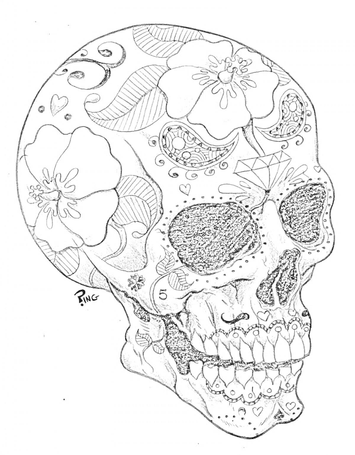 Раскраска Череп с цветами, узорами и символами