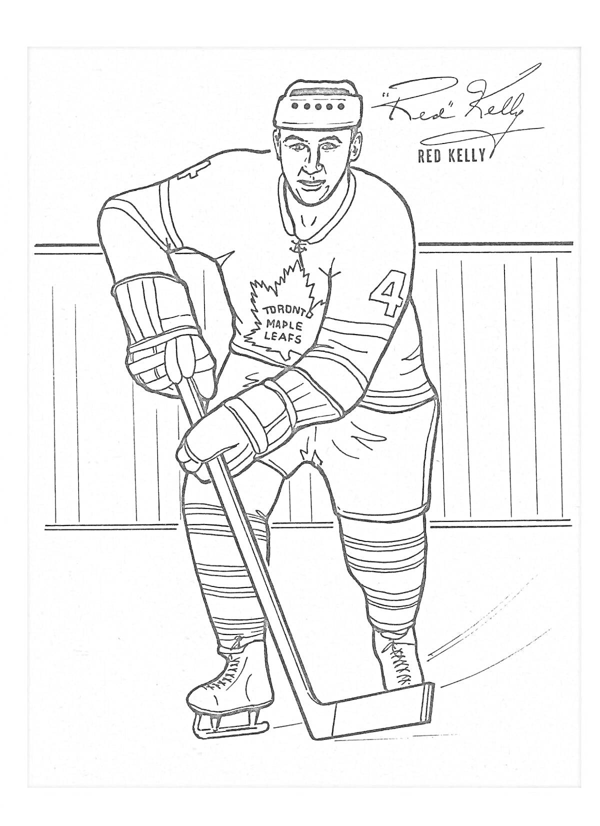 На раскраске изображено: Хоккей, Хоккеист, Клюшка, Спортивная форма, Ледовая арена, Номер 4