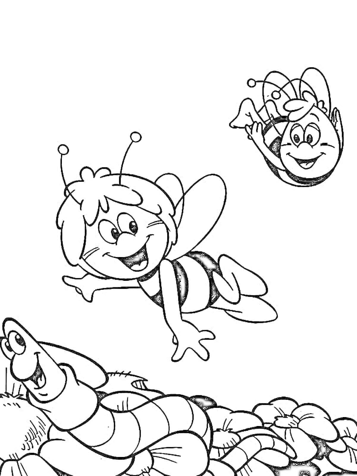 Раскраска Две улыбающиеся пчелки и улыбающийся червяк на полянке с цветами