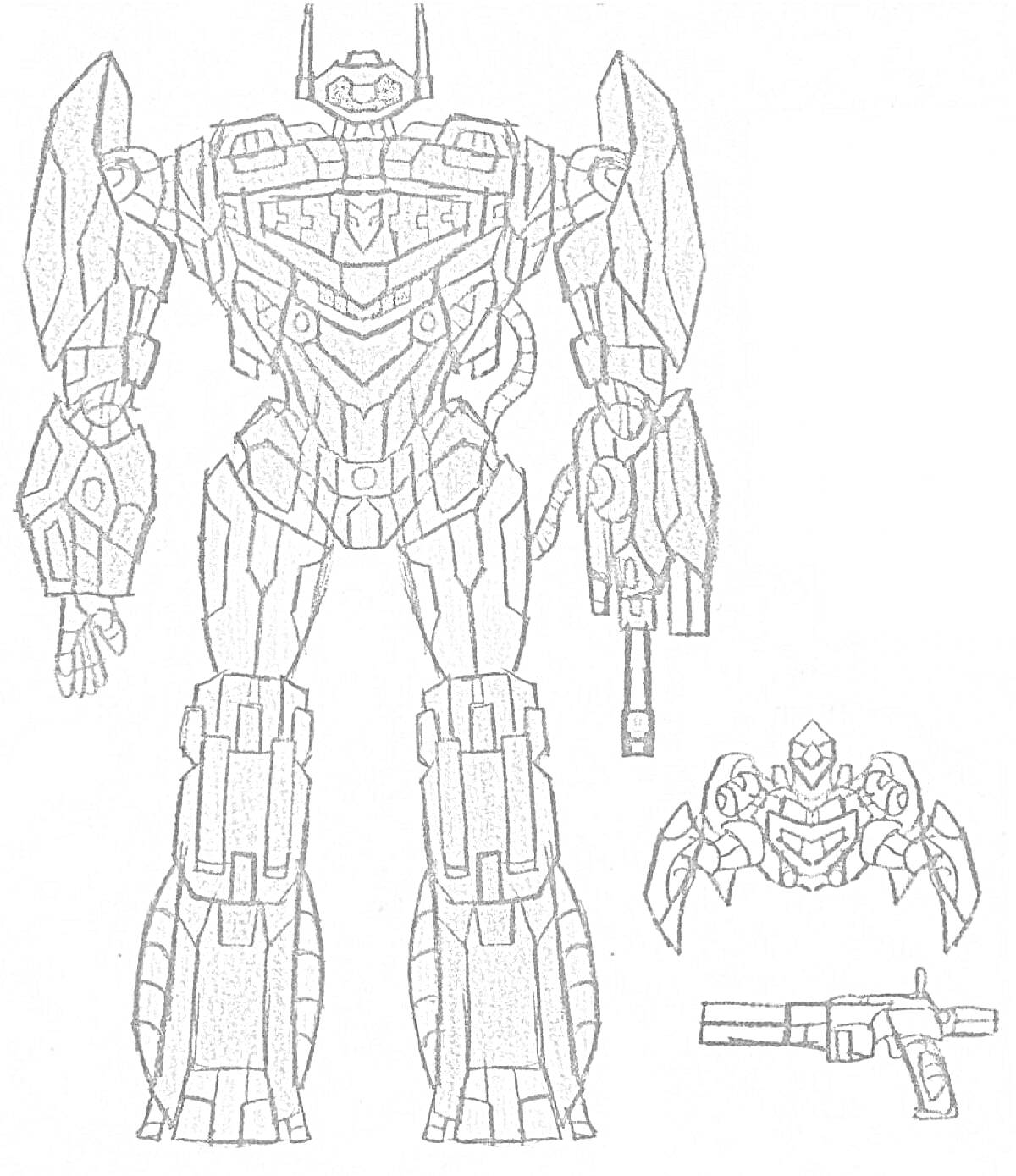 На раскраске изображено: Трансформеры, Робот, Оружие, Машинист