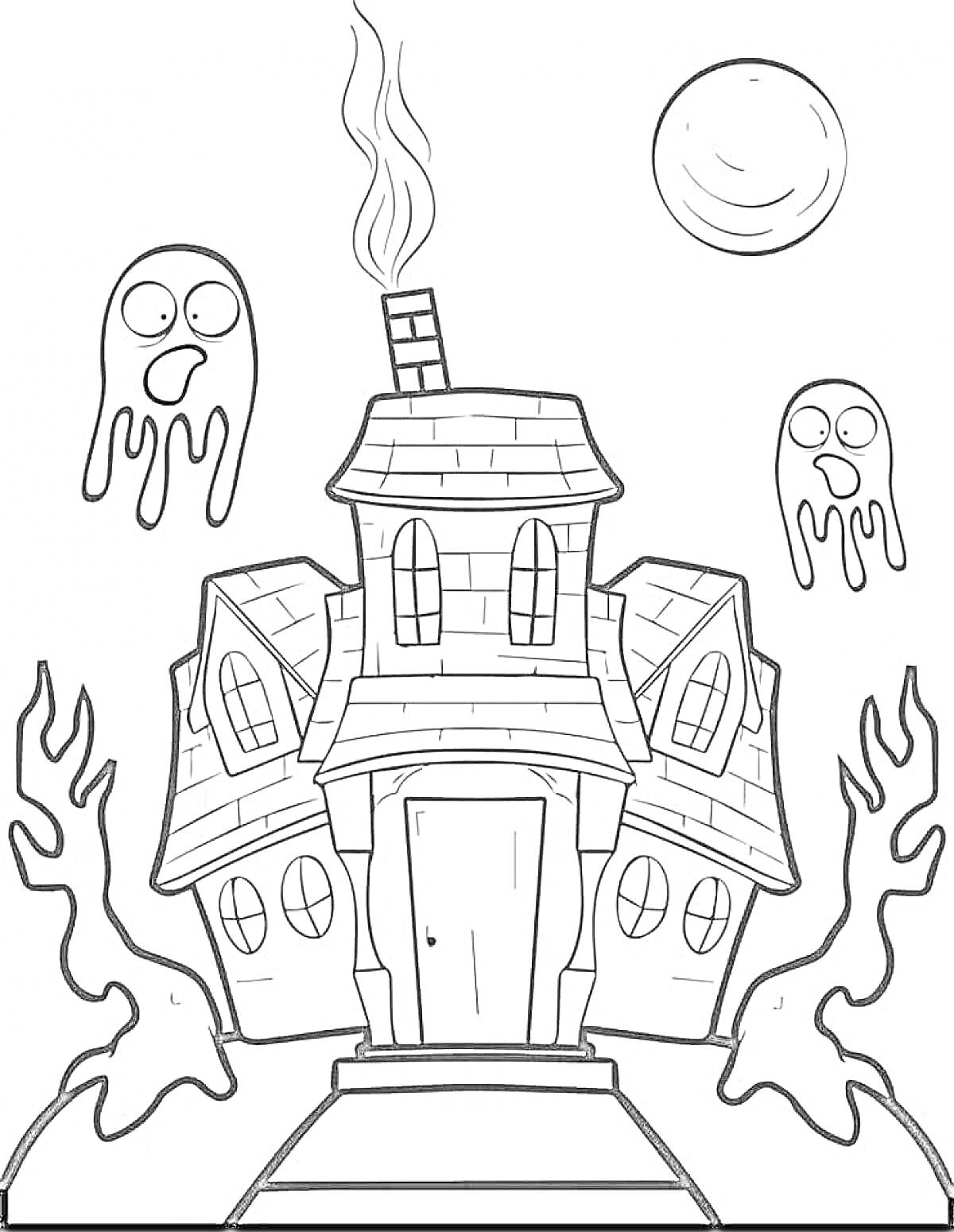 На раскраске изображено: Дом, Привидения, Дым, Труба, Луна, Ночь