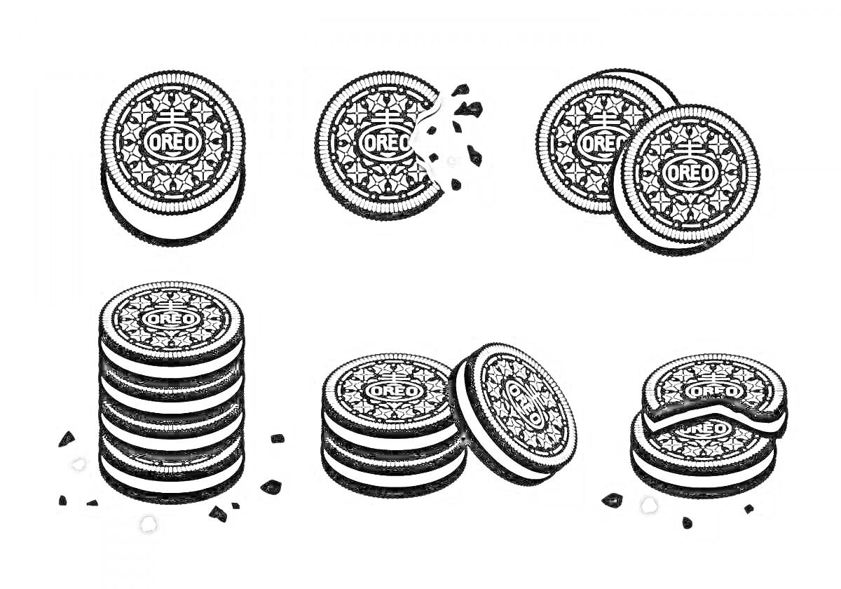 Раскраска Рисунки Oreo: одиночное печенье, печенье с крошками, пара печений, стопка печений, пара печений, надломленное печенье