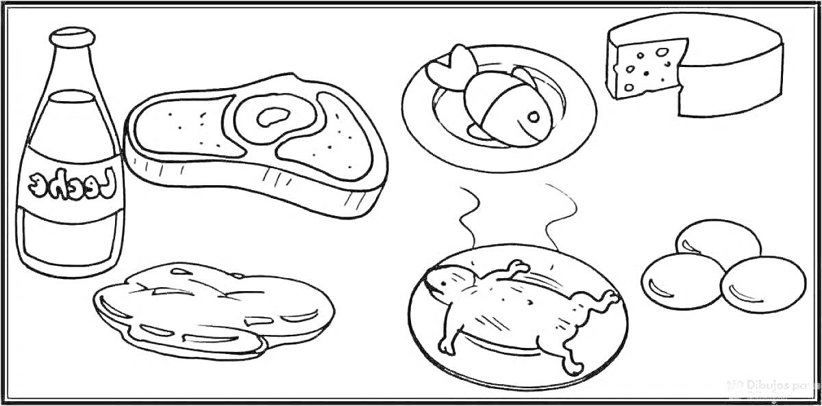 На раскраске изображено: Бутылка, Рыба, Тарелка, Сыр, Яйца, Еда, Продукты, Бутерброд, Курицы