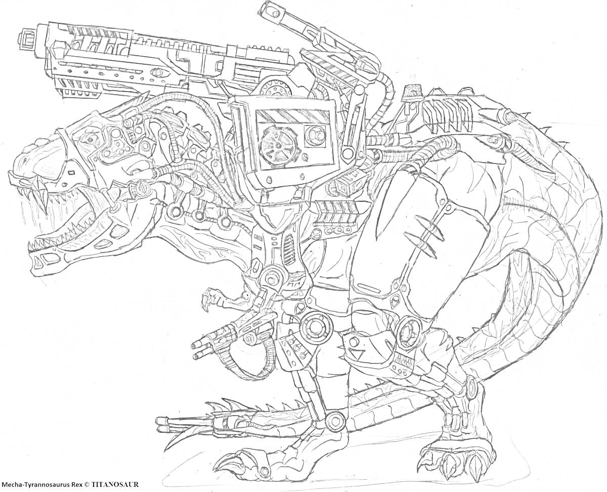 Динозавр-робот с пушками и механическими элементами