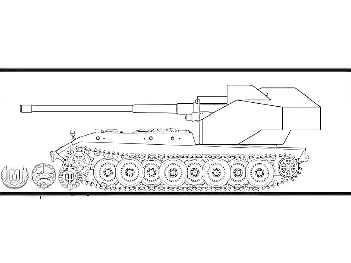 На раскраске изображено: Танк, Длинная пушка, Гусеницы