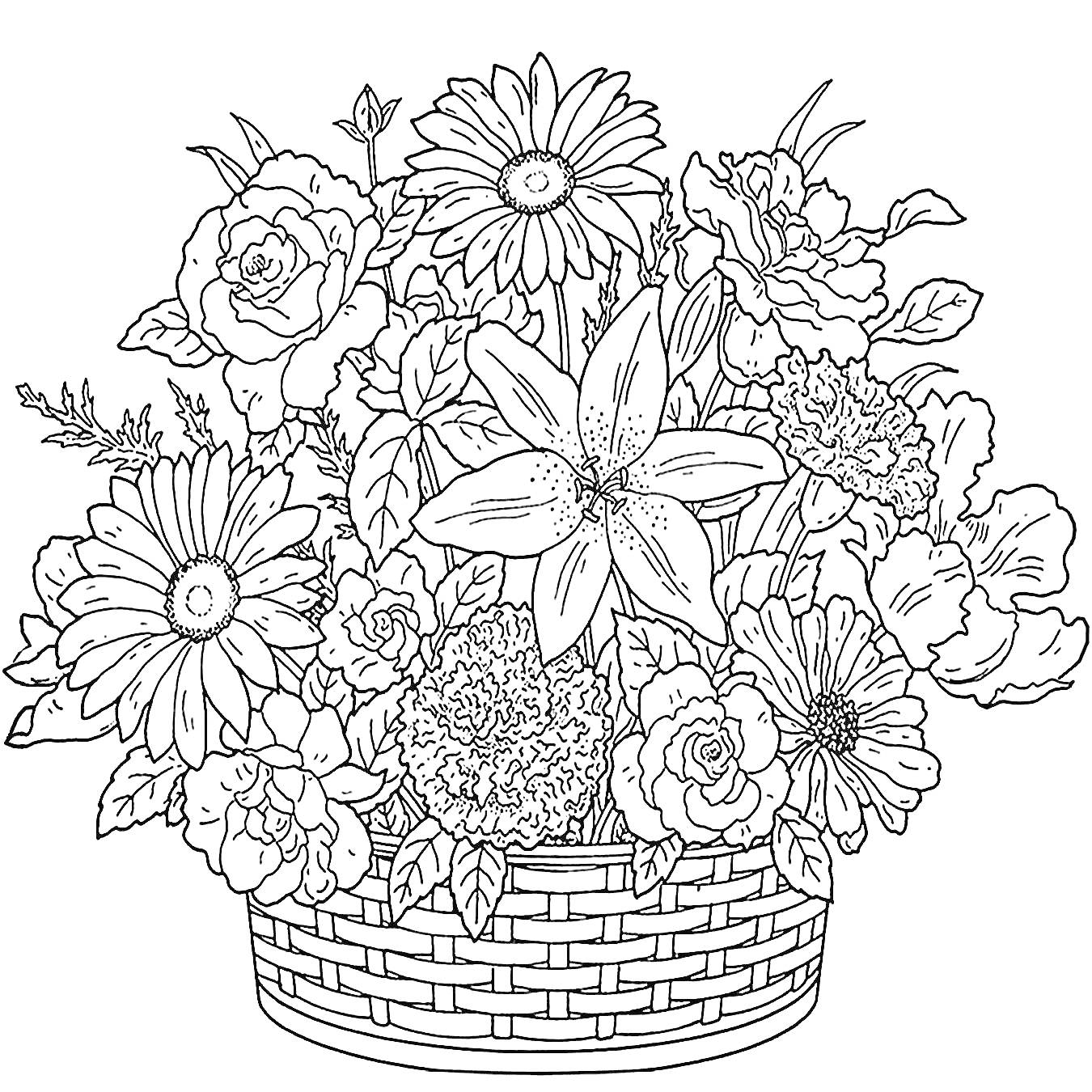 Раскраска Корзинка с разнообразными цветами, включая герберы, розы, лилии и листья