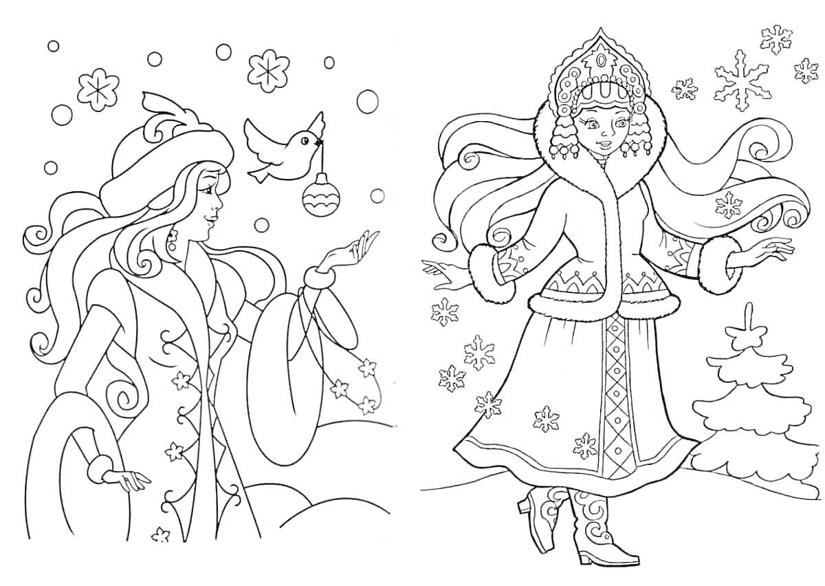 Раскраска Снегурочка с птицей и елочной игрушкой, Снегурочка возле елки с падающими снежинками