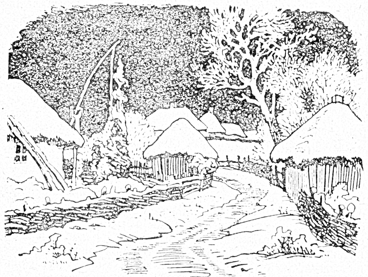 Раскраска зимняя деревенская дорога среди заснеженных хат с забором, ночью под звездным небом