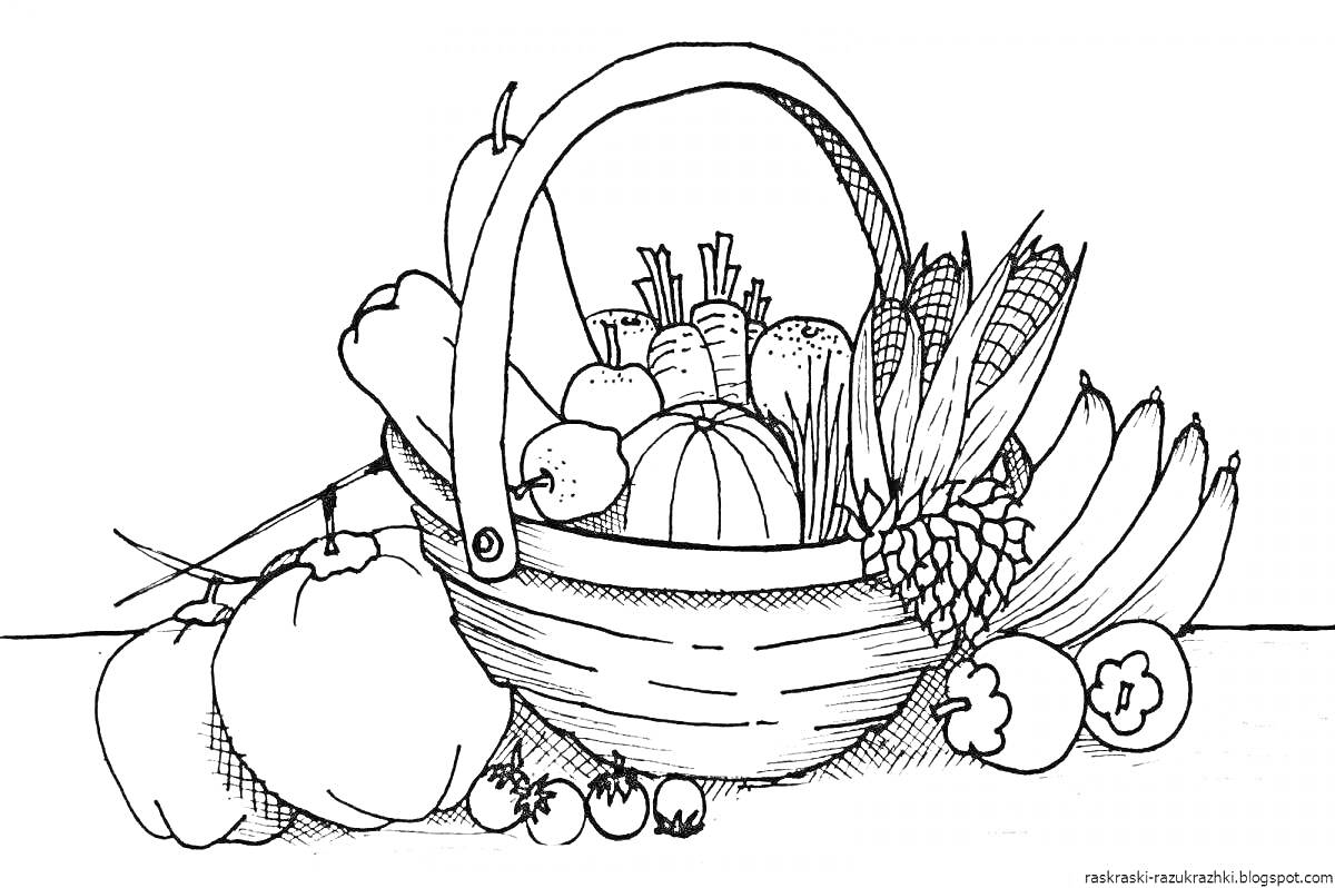 На раскраске изображено: Натюрморт, Овощи, Корзина, Кукуруза, Морковь, Капуста, Тыква, Перец, Баклажан, Помидоры черри