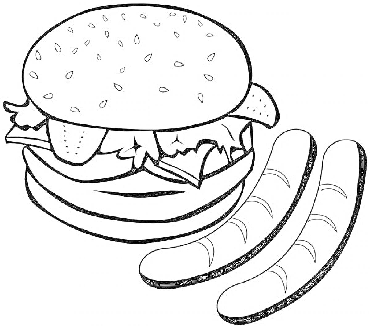 Раскраска Бургер с салатом, огурцами и сосисками