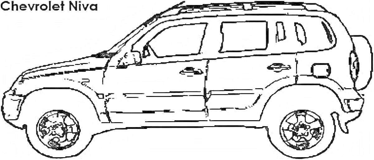 Раскраска Контурный рисунок автомобиля Chevrolet Niva с надписью
