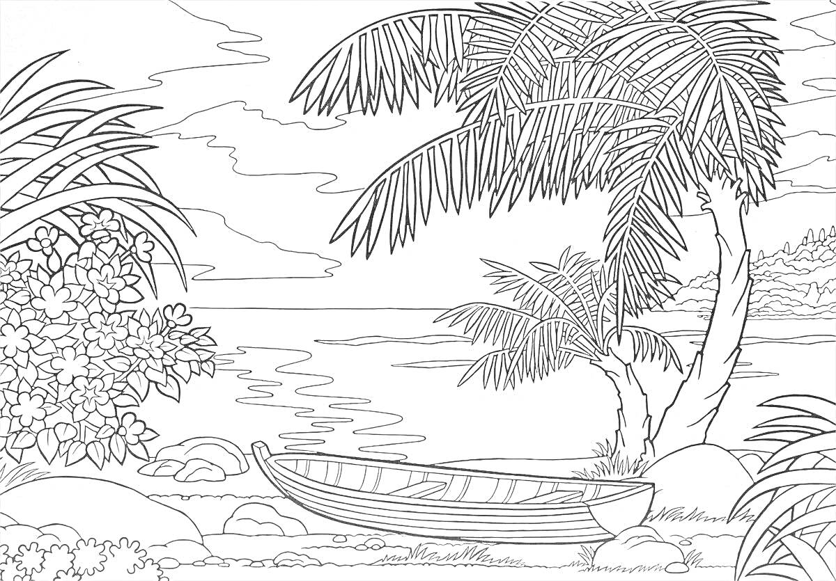 На раскраске изображено: Море, Лодка, Берег, Пальмы, Кусты, Природа, Облака, Тропики, Пляж, Вода, Растения