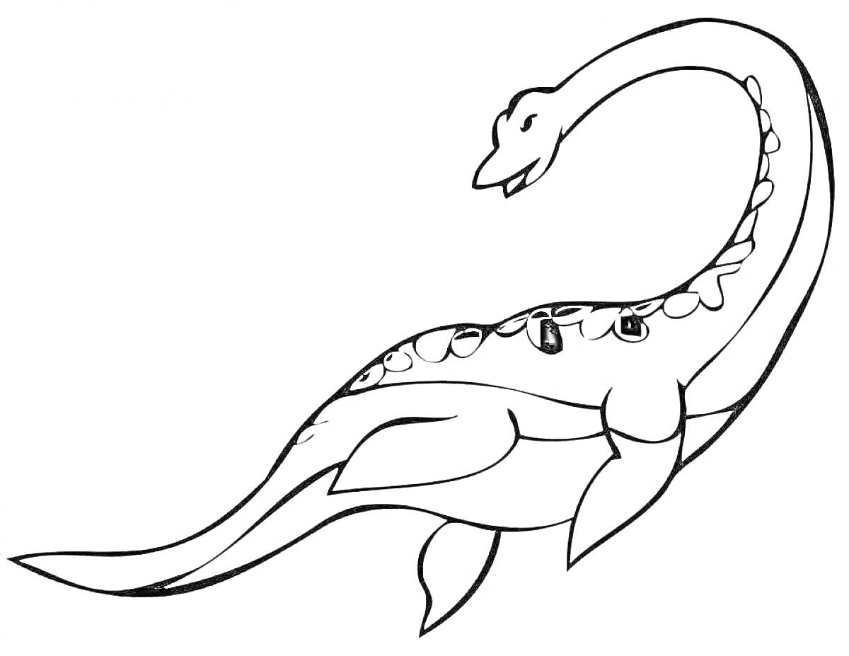 На раскраске изображено: Плезиозавр, Динозавр, Длинная шея, Ласты