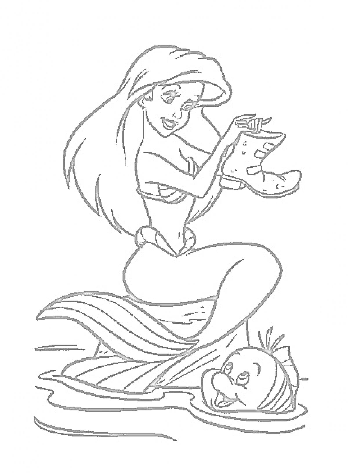 Раскраска Ариэль, держащая башмак, и флаундер в воде