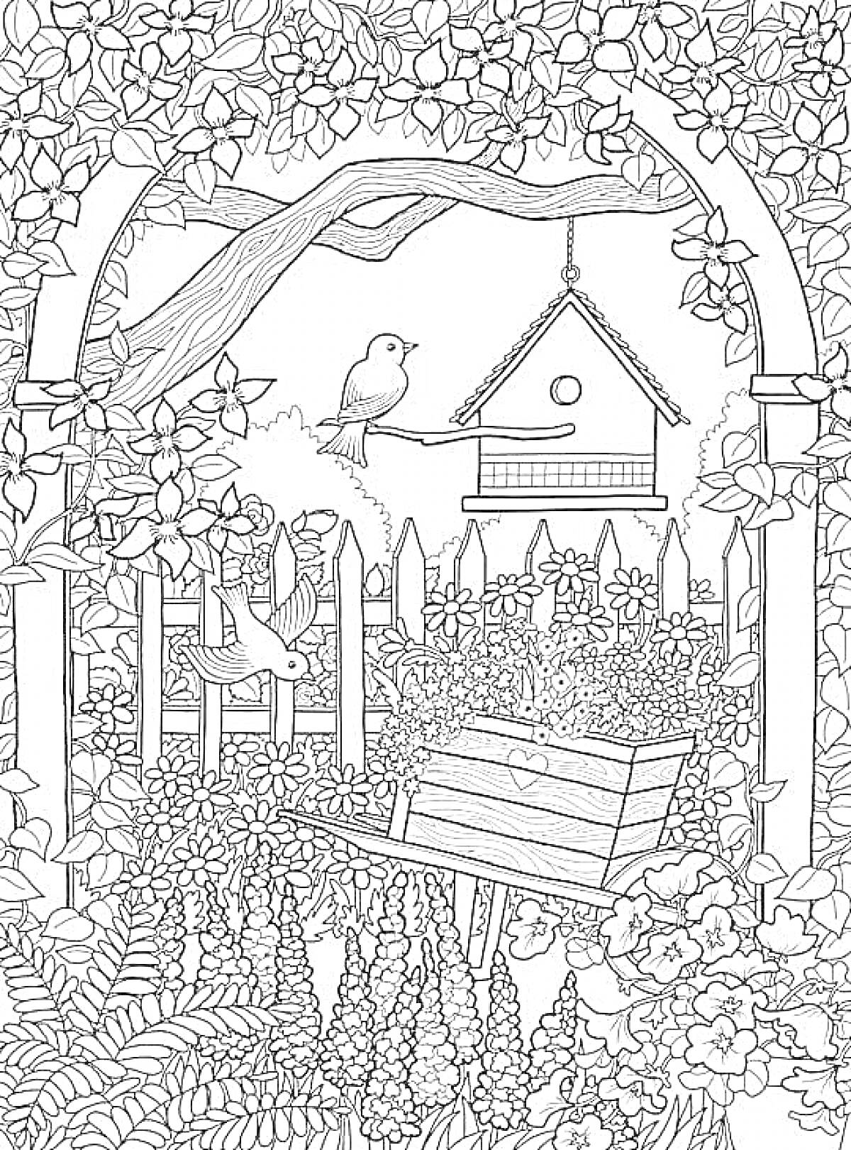 Раскраска Садовая сцена с цветущими растениями, птичьей кормушкой, птицами и скамейкой