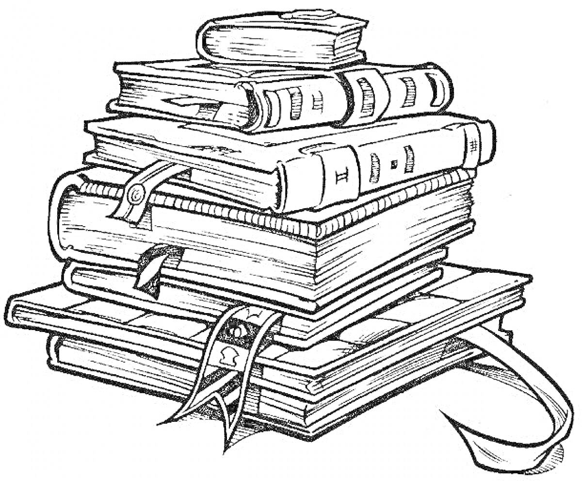 На раскраске изображено: Стопка, Закладки, Литература, Чтение, Библиотека