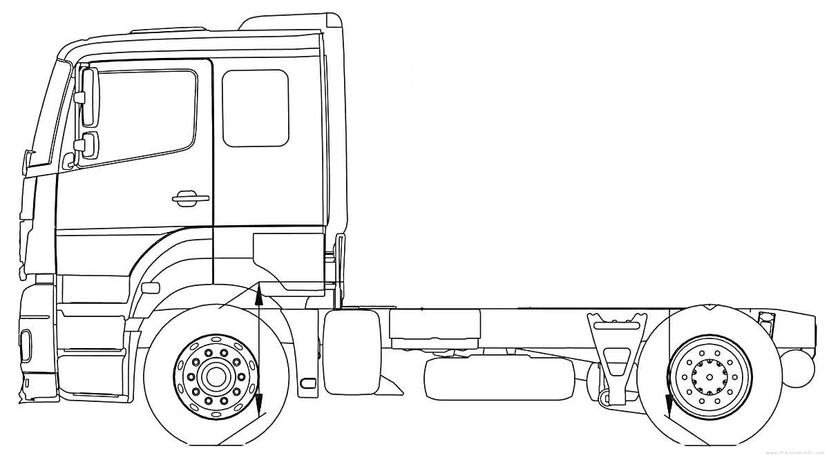 Раскраска грузовик без кузова, профиль, кабина, кабина водителя, колеса, шасси, стекла.