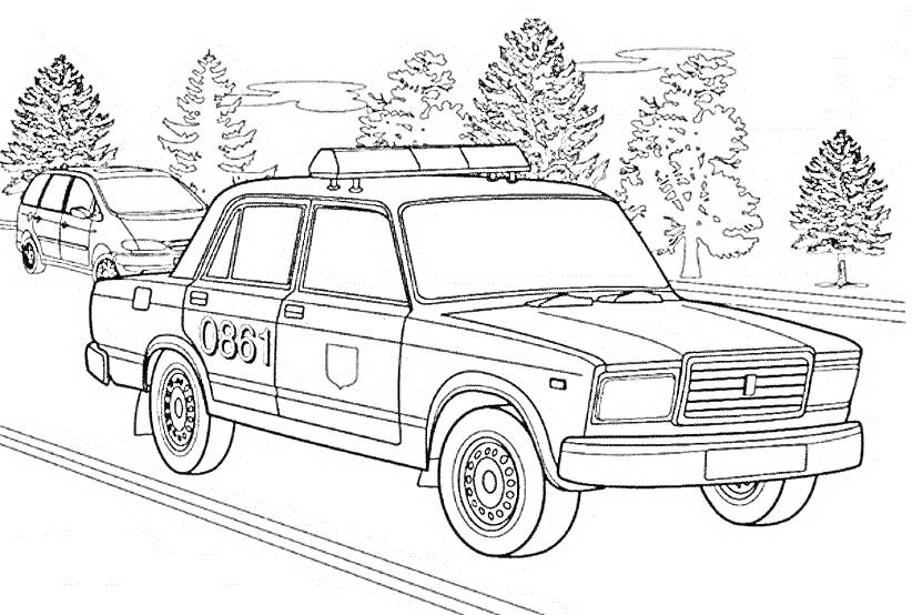 На раскраске изображено: Жигули, Полицейская машина, Деревья, Авто, Природа, Дороги
