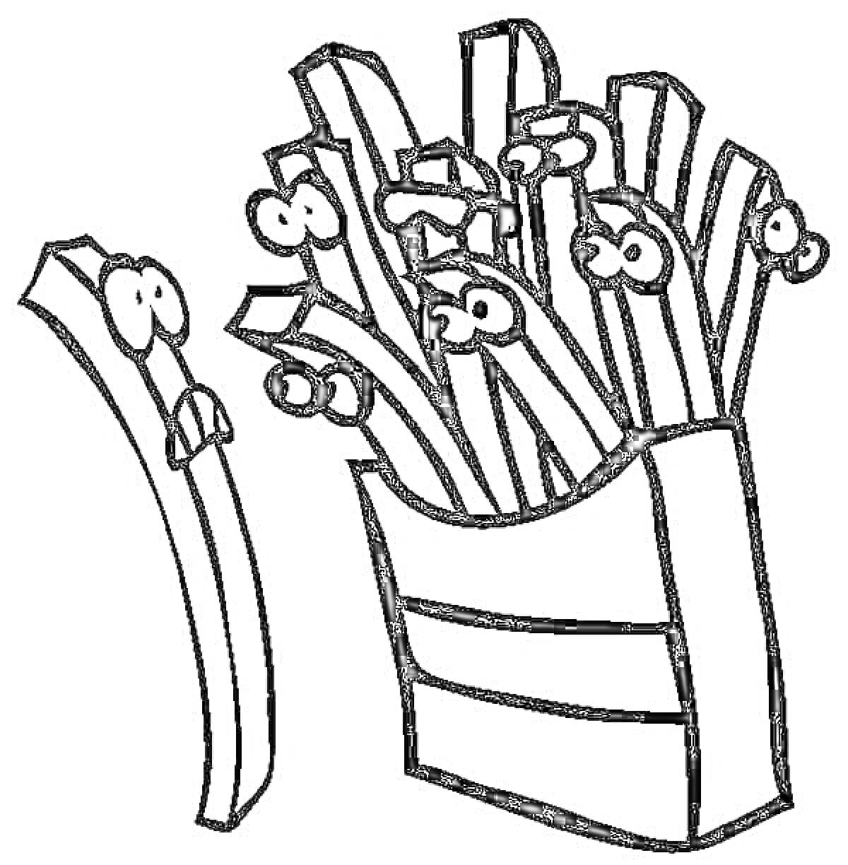 Раскраска Картофель фри с лицами в коробке и отдельная палочка картофеля фри с лицом