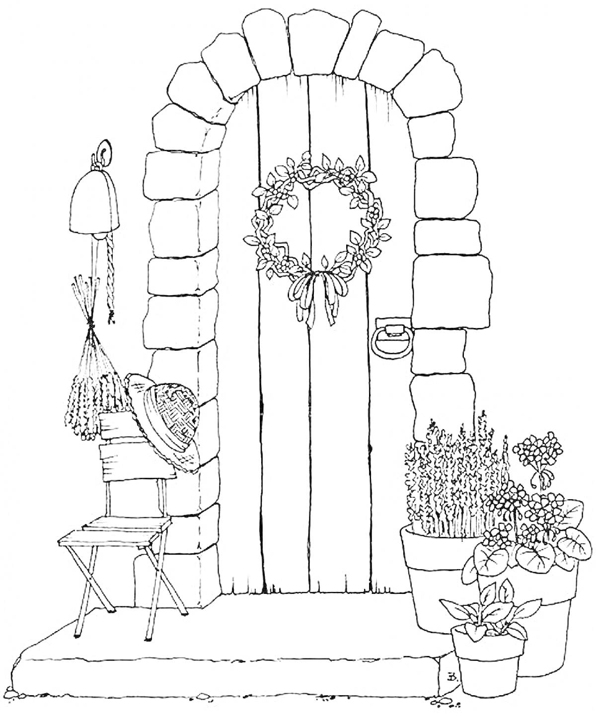 На раскраске изображено: Дверь, Арка, Камни, Венок, Колокольчик, Растения, Стул, Цветы, Горшки
