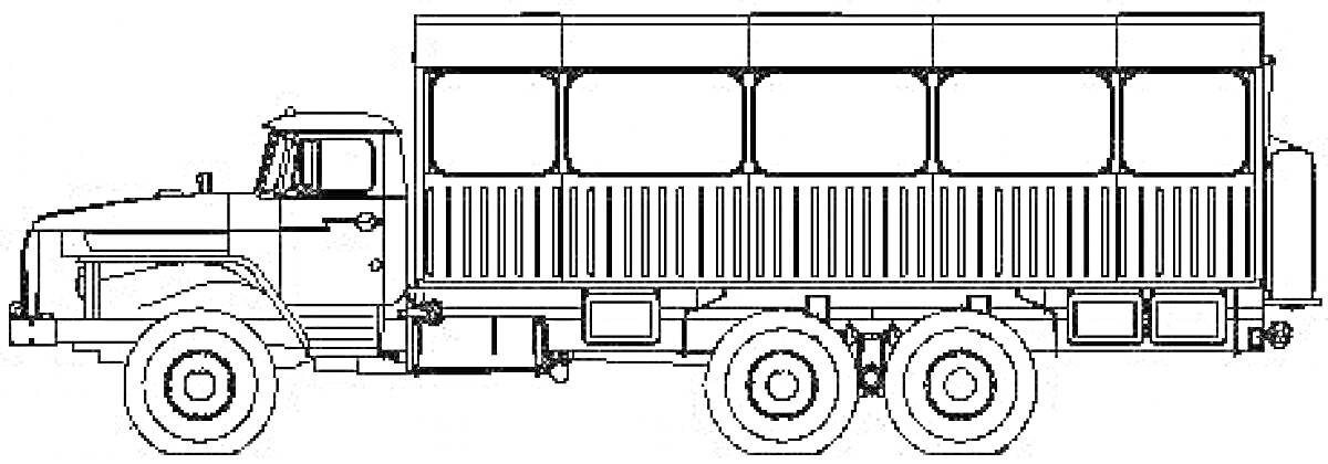 На раскраске изображено: Урал, Транспорт, Кузов, Окна, Колёса