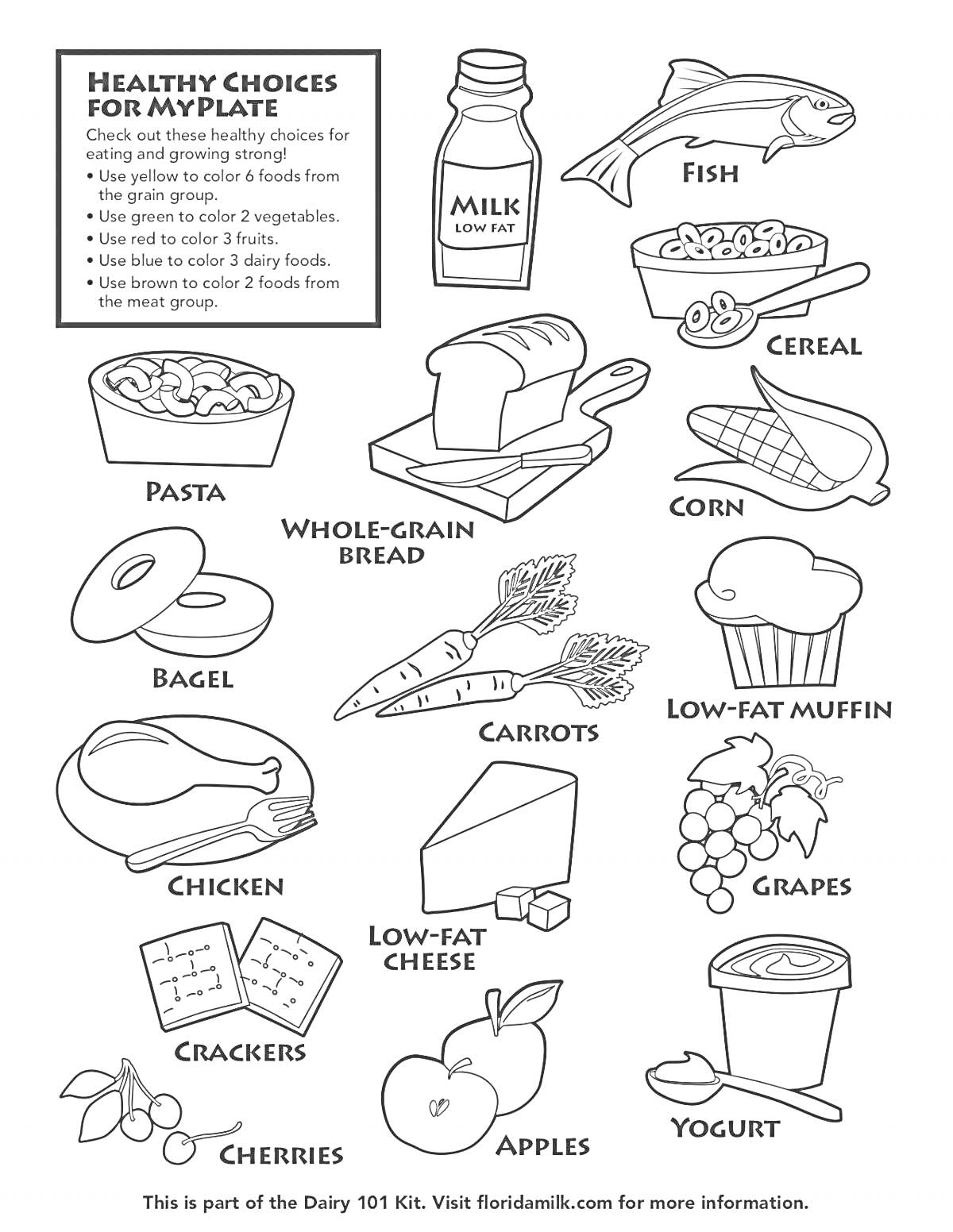 Раскраска Healthy Choices for Myplate (Milk, Fish, Cereal, Pasta, Whole-Grain Bread, Corn, Bagel, Carrots, Low-Fat Muffin, Chicken, Low-Fat Cheese, Grapes, Crackers, Cherries, Apples, Yogurt)