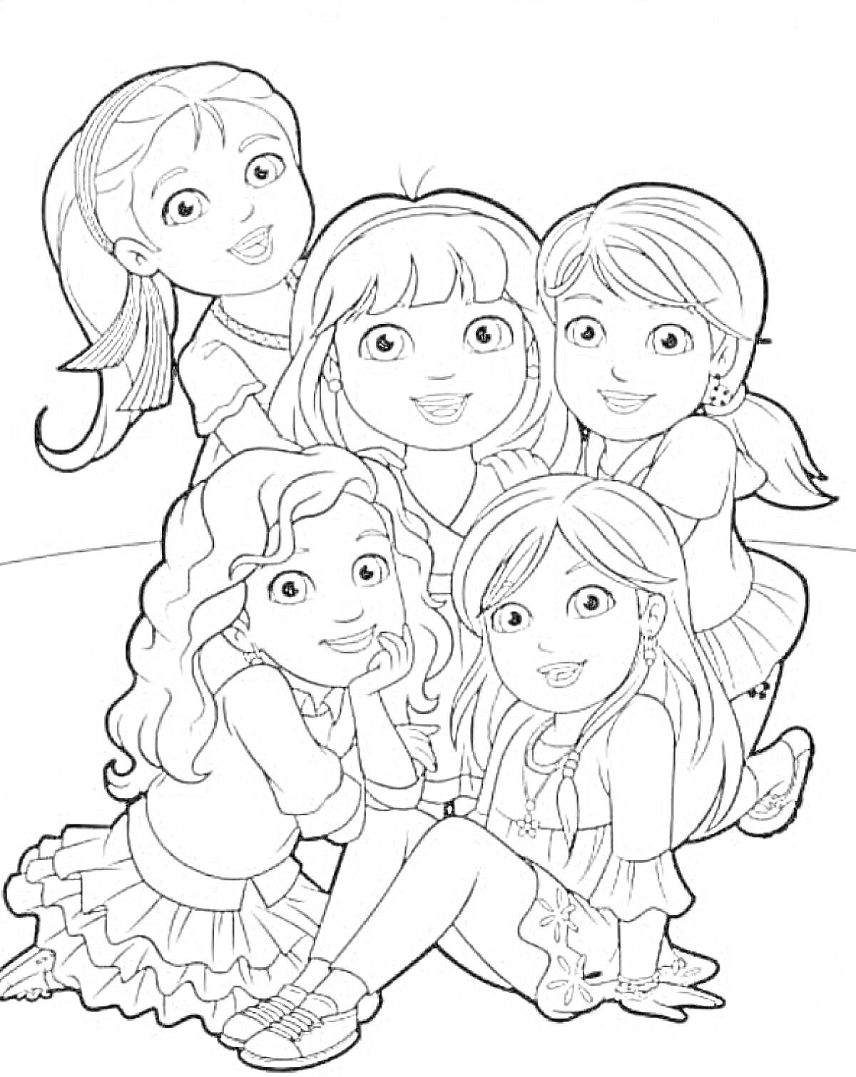На раскраске изображено: Даша, Друзья, Группа, Дружба, Для детей, Девочка, Сидеть