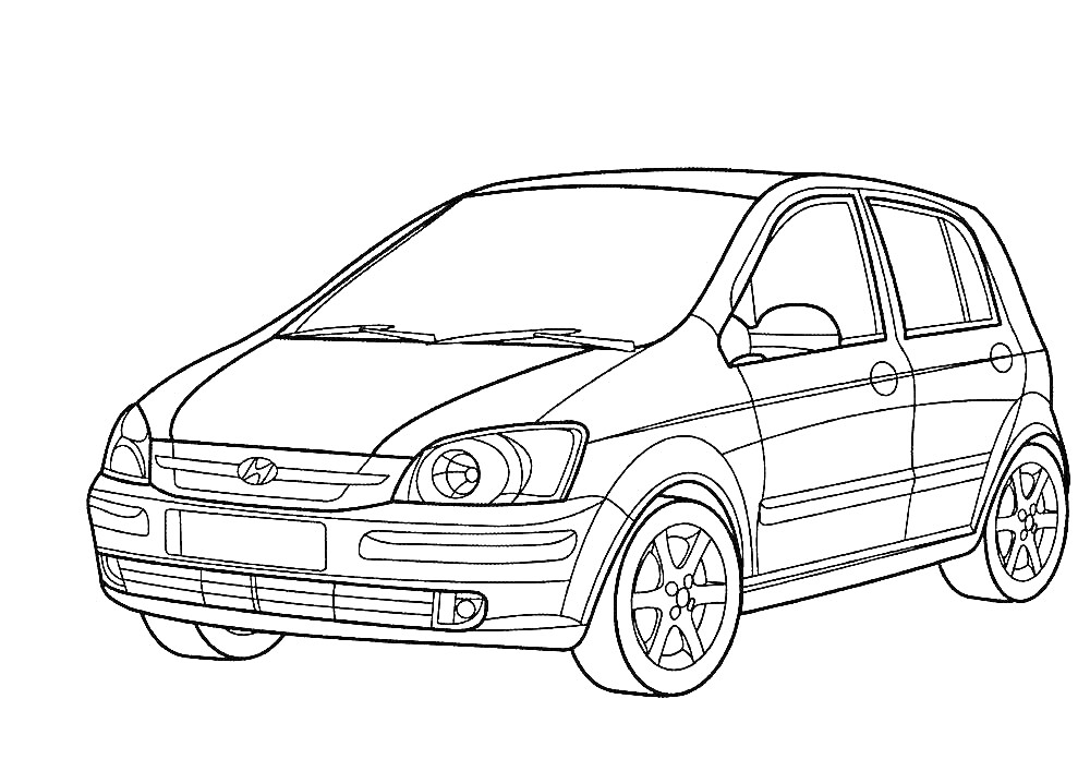 Раскраска Раскраска автомобиля Hyundai, передняя и боковая часть, четыре двери, колеса, фары, боковые зеркала