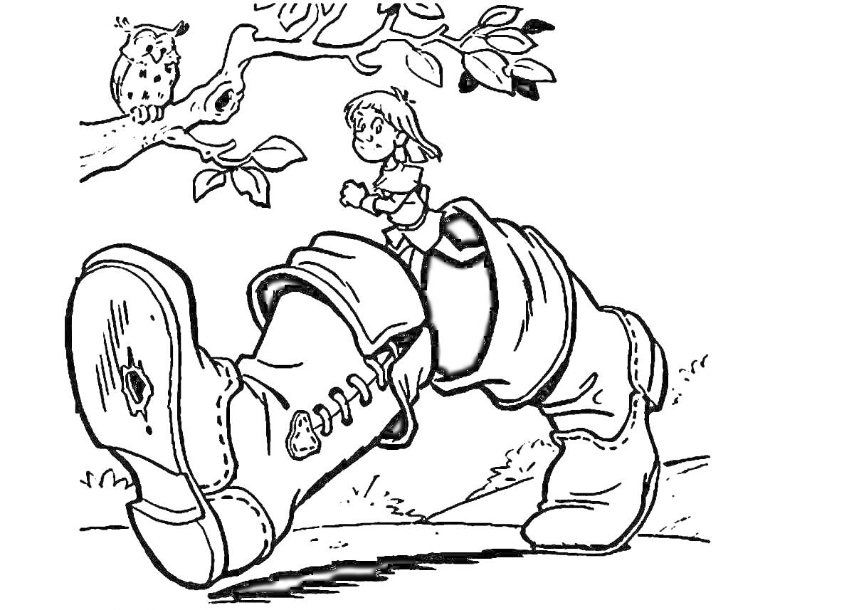 Раскраска Девочка и сапоги с отверстиями под деревом с совой