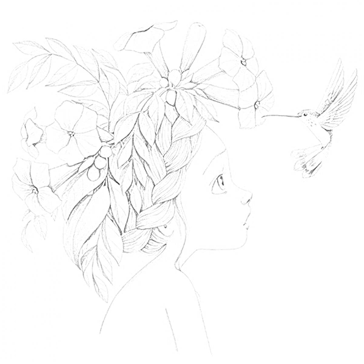 На раскраске изображено: Акварель, Девочка, Цветы, Листья, Колибри, Природа, Искусство