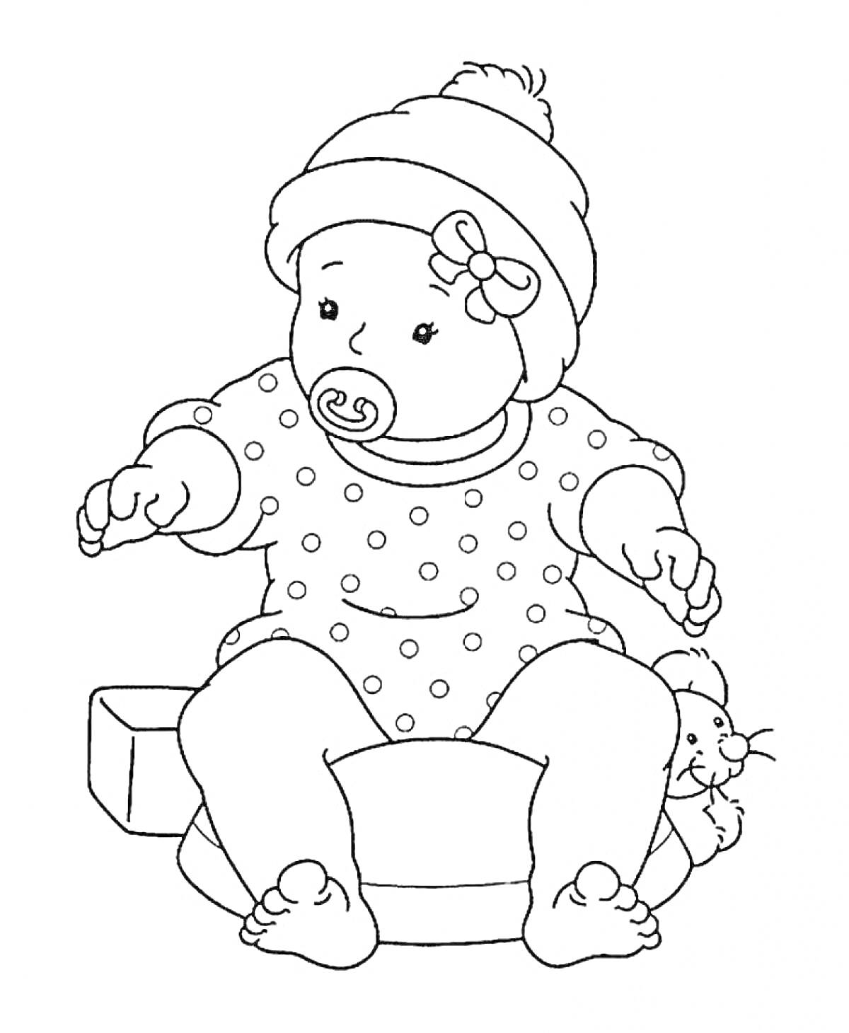 Раскраска Кукла в горошковом комбинезоне с соской, шапкой, бантиком на голове, сидящая на стуле и держащая плюшевого мышонка