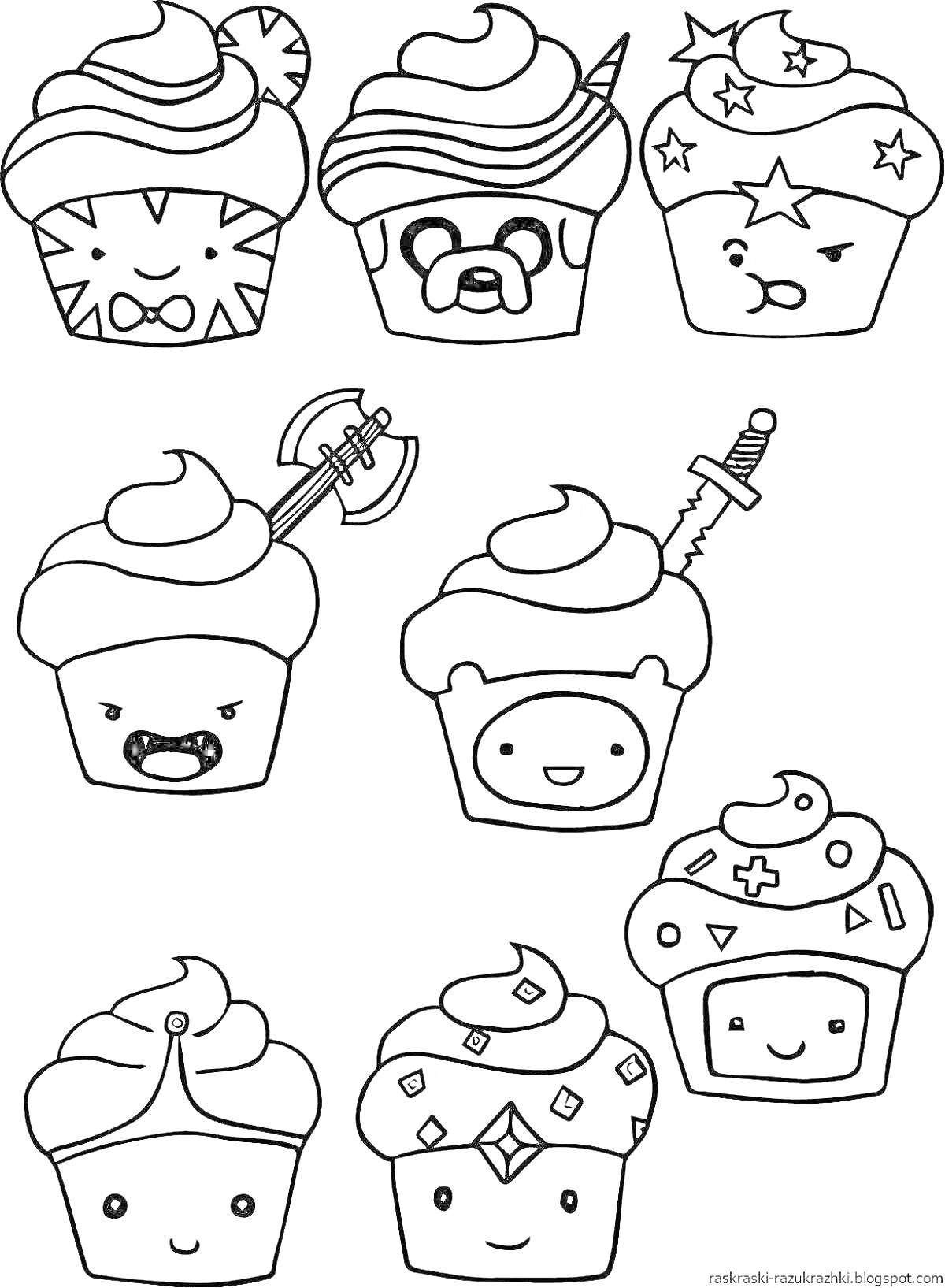 Раскраска кексы с различными лицами и аксессуарами, кекс с бейсболкой и звездочками, кекс с волчьим шлемом и топором, кекс с мечом