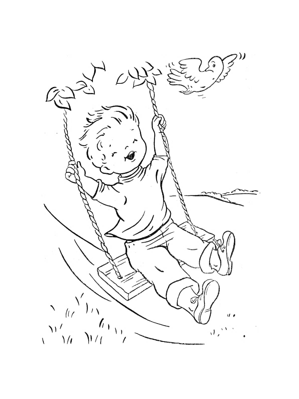 На раскраске изображено: Мальчик, Качели, Листья, Птица, Природа, Детство, Игра, Деревья