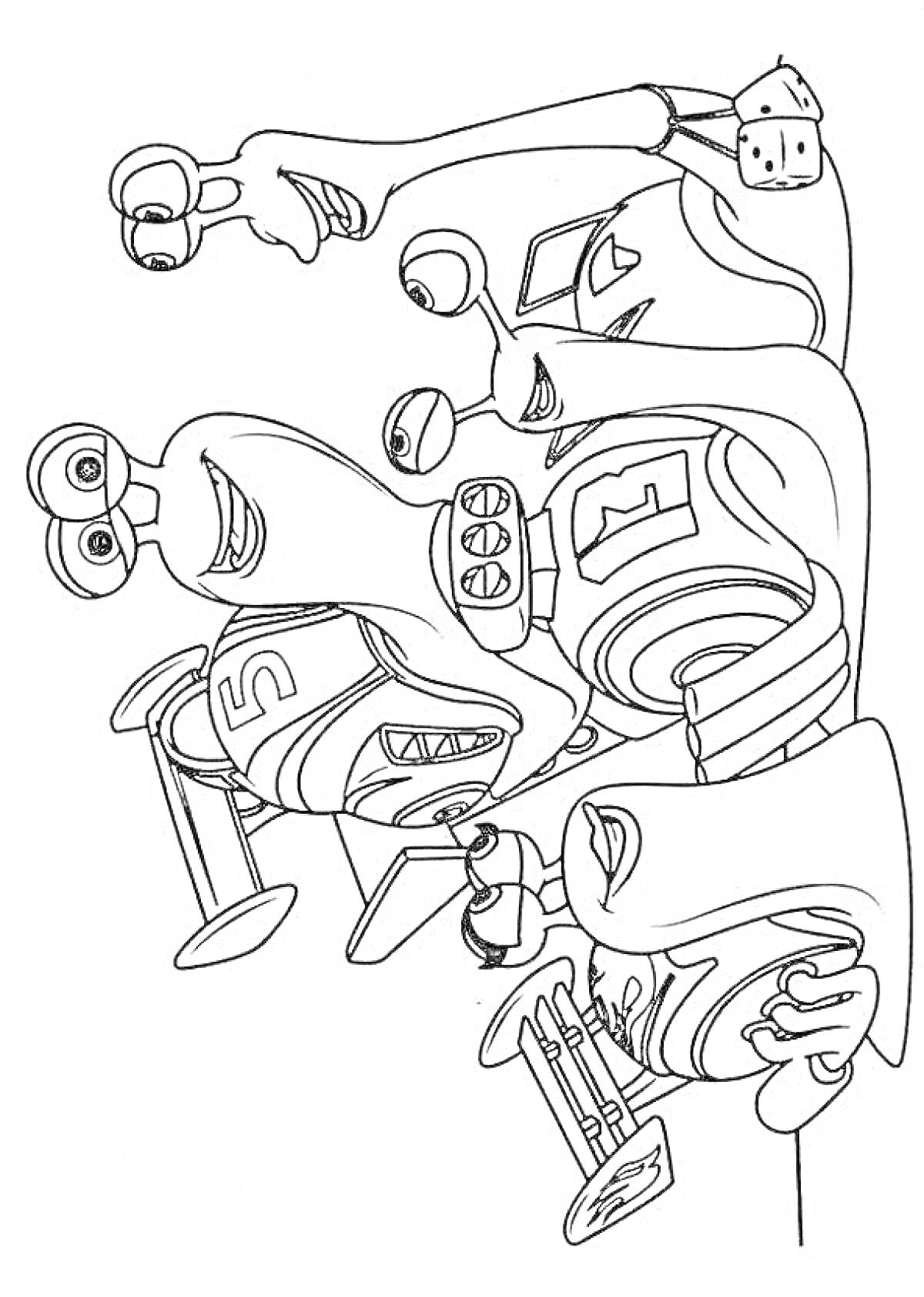 Раскраска Три улитки с гоночными шлемами и стартовым флагом