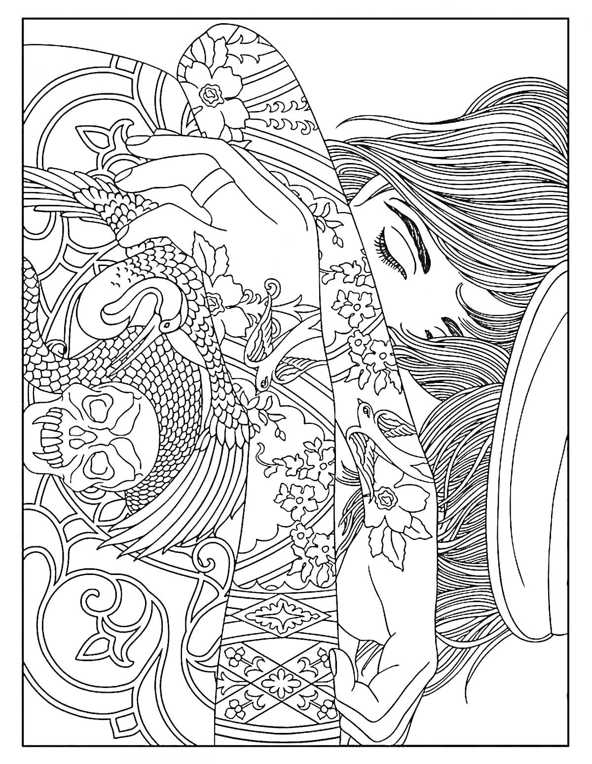 Раскраска Женщина с татуировками дракона, черепа и цветами на фоне завитков и узоров