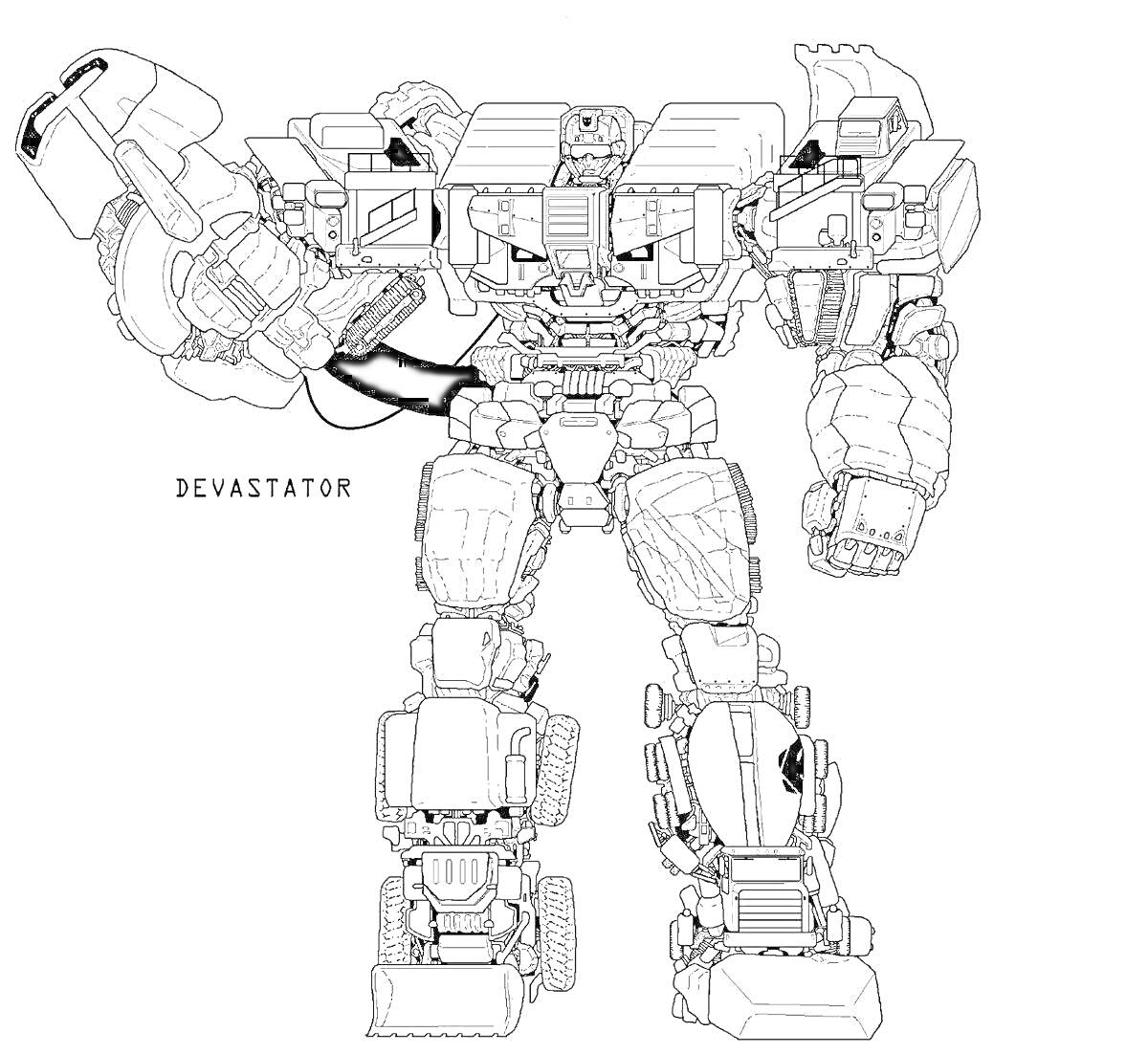 Раскраска Девастатор с поднятой рукой, механический робот с видимыми деталями, блоками и механизмами.