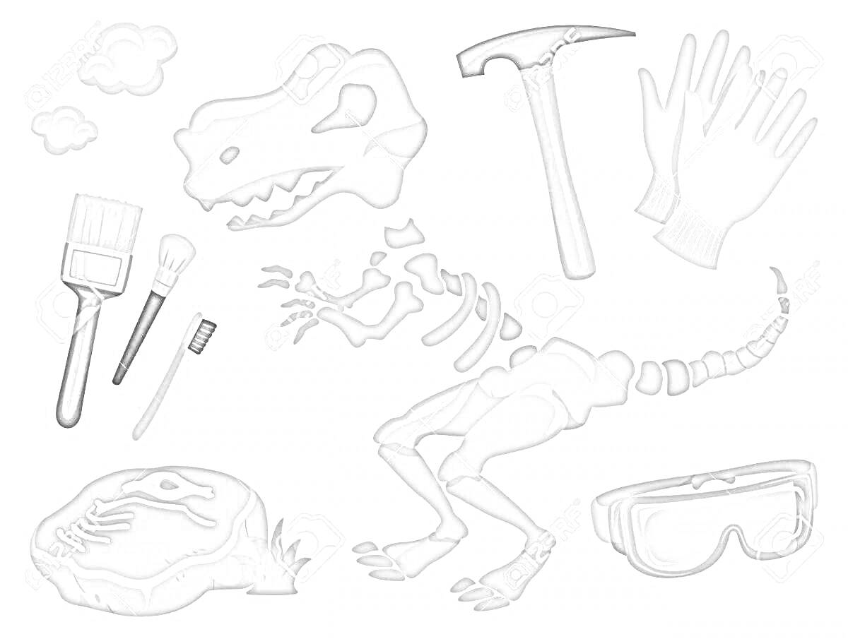 Раскраска Археологические раскопки с динозавром, кистями, молотком, перчатками и очками