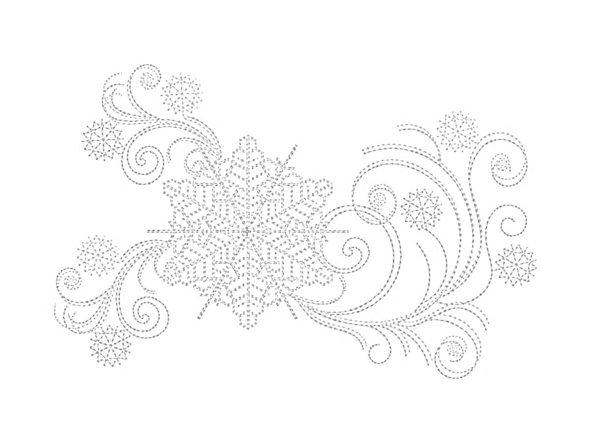 РаскраскаМорозный узор со снежинками и завитками