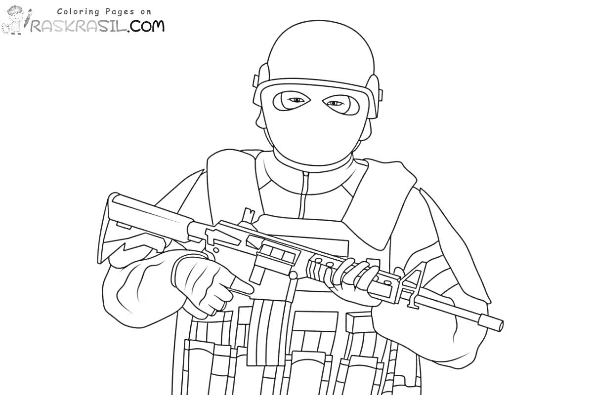 Раскраска Вооруженный солдат в бронежилете и каске из игры Standoff 2