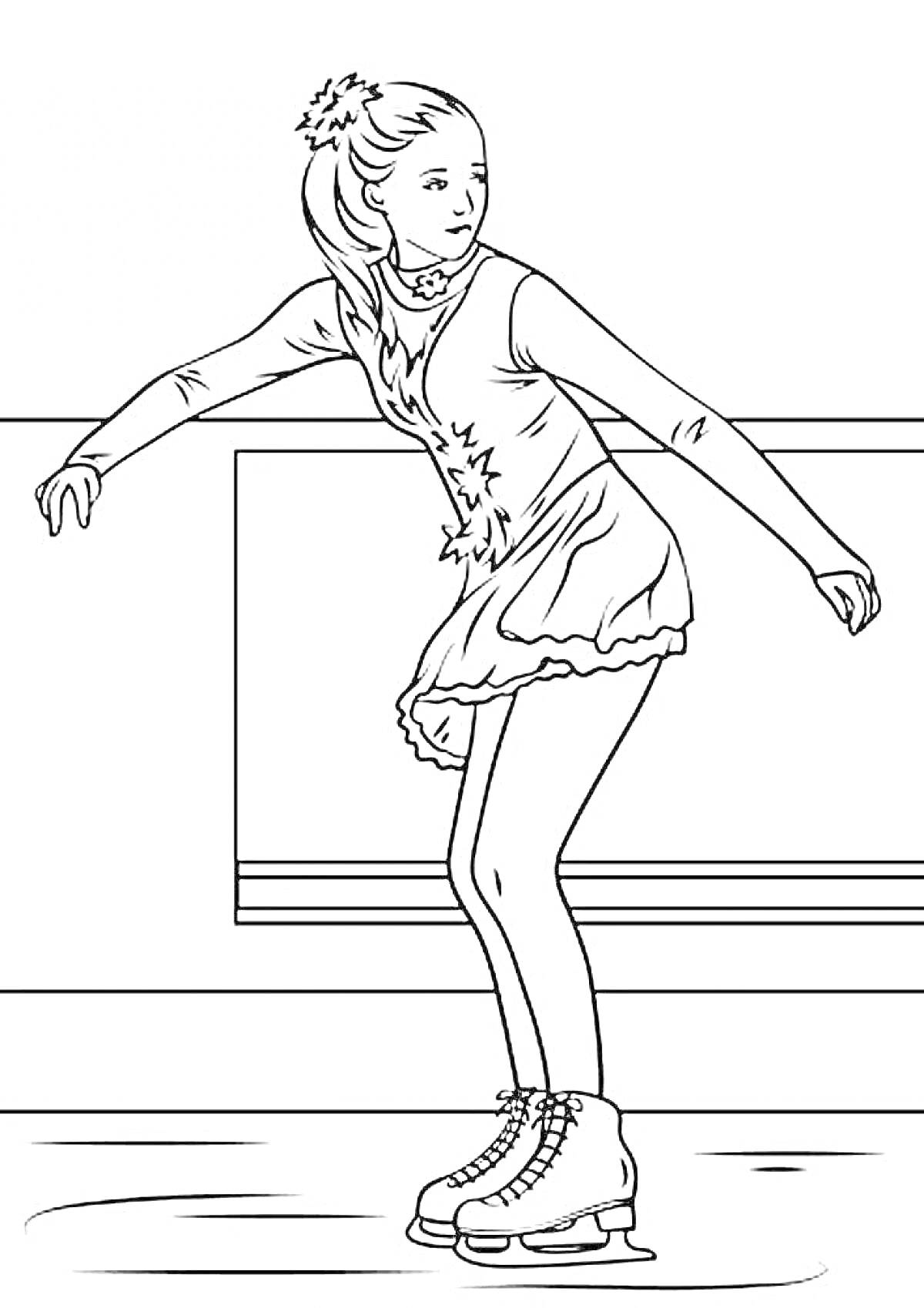 Раскраска Девочка на коньках в платье, катающаяся на льду около бортика