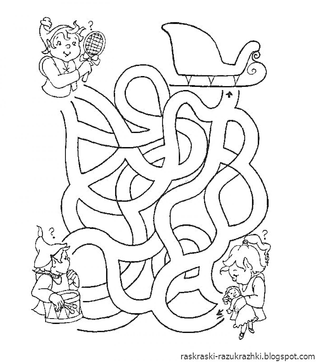 Раскраска Лабиринт с изображением эльфов и саней, эльфы держат различные игрушки и предметы