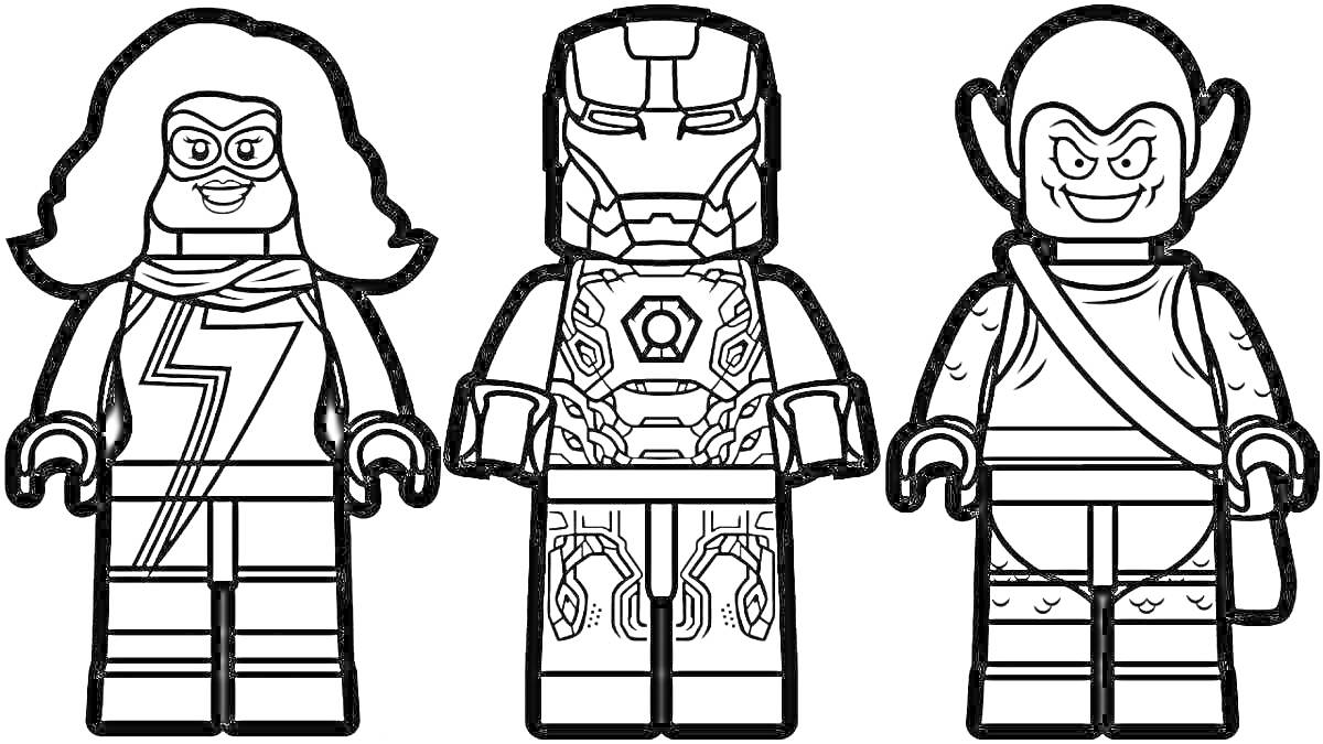 На раскраске изображено: Лего, Мстители, Супергерои, Робот, Маска, Ушастый персонаж, Длинные волосы