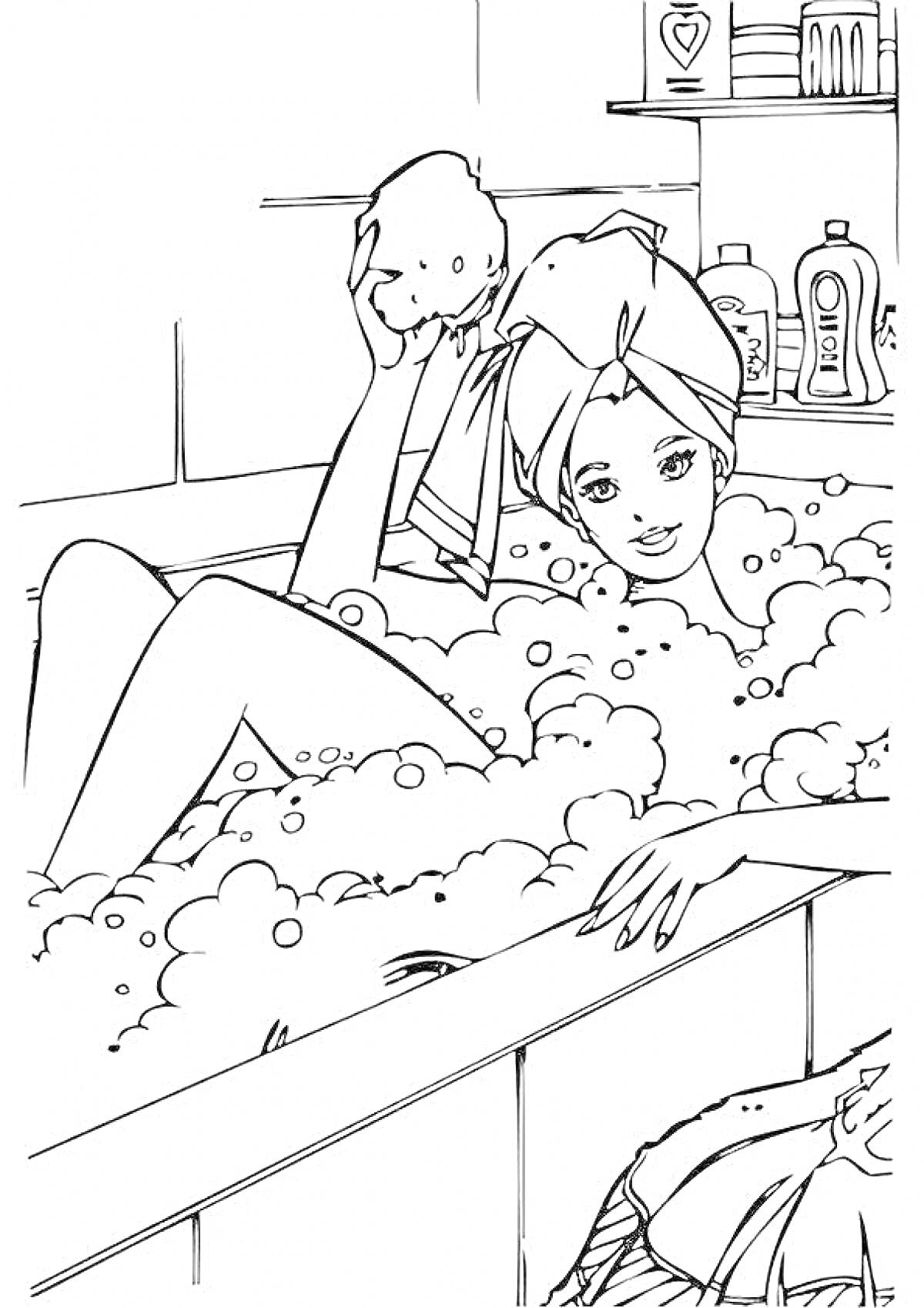 На раскраске изображено: Ванна, Пузыри, Губка, Косметические средства, Расслабление, Гигиена