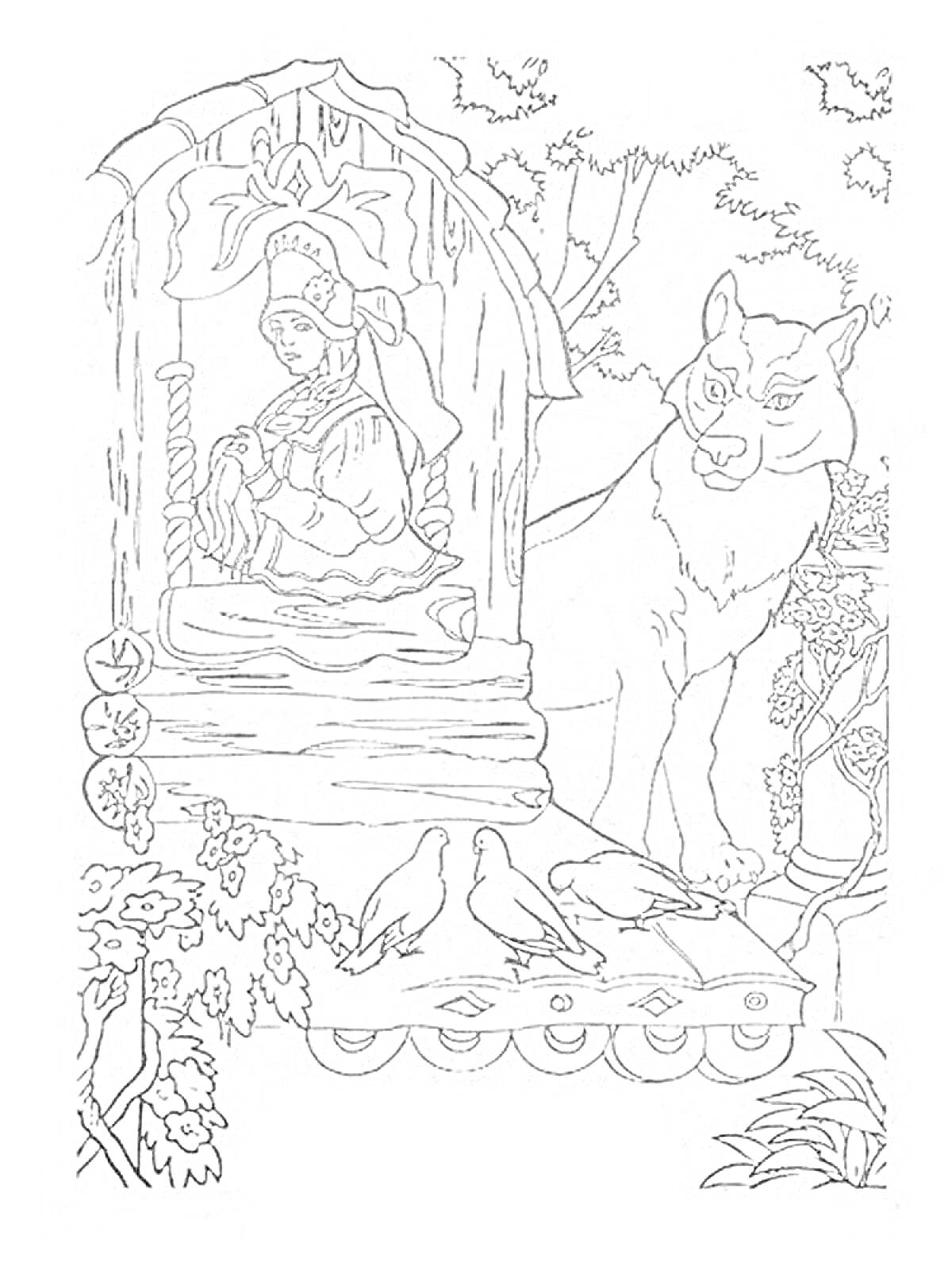 На раскраске изображено: Изба, Кот, Цепь, Деревья, Кусты, Пушкин