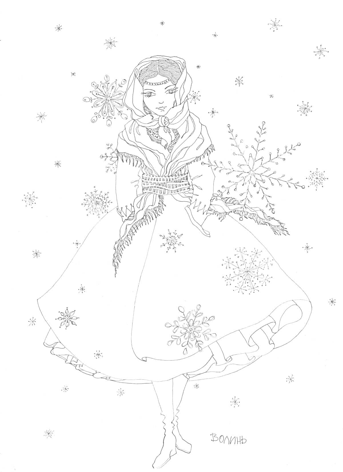 Раскраска Девушка зима в зимнем наряде с шарфом, окруженная снежинками