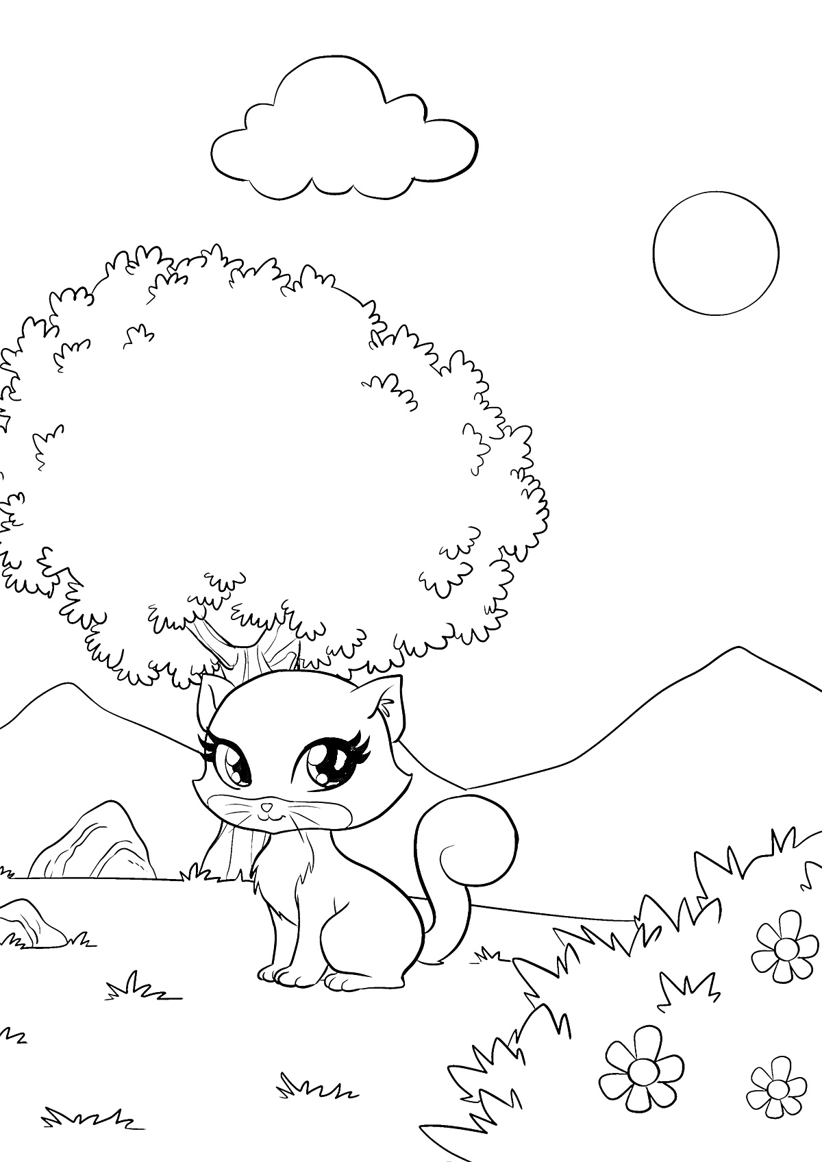 Раскраска Сказочный котенок под деревом на поляне с цветами