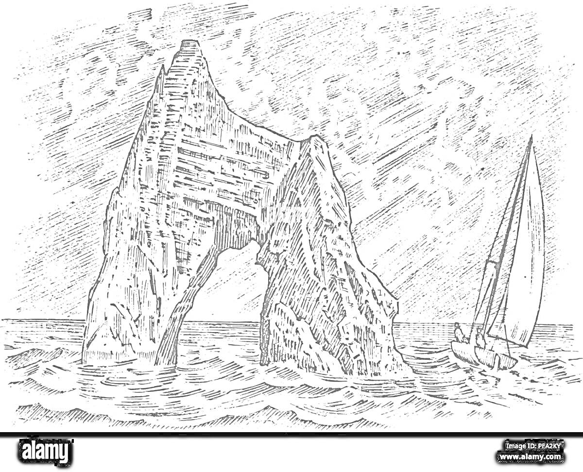 Раскраска Золотые Ворота в Карадаге, парусная лодка в море