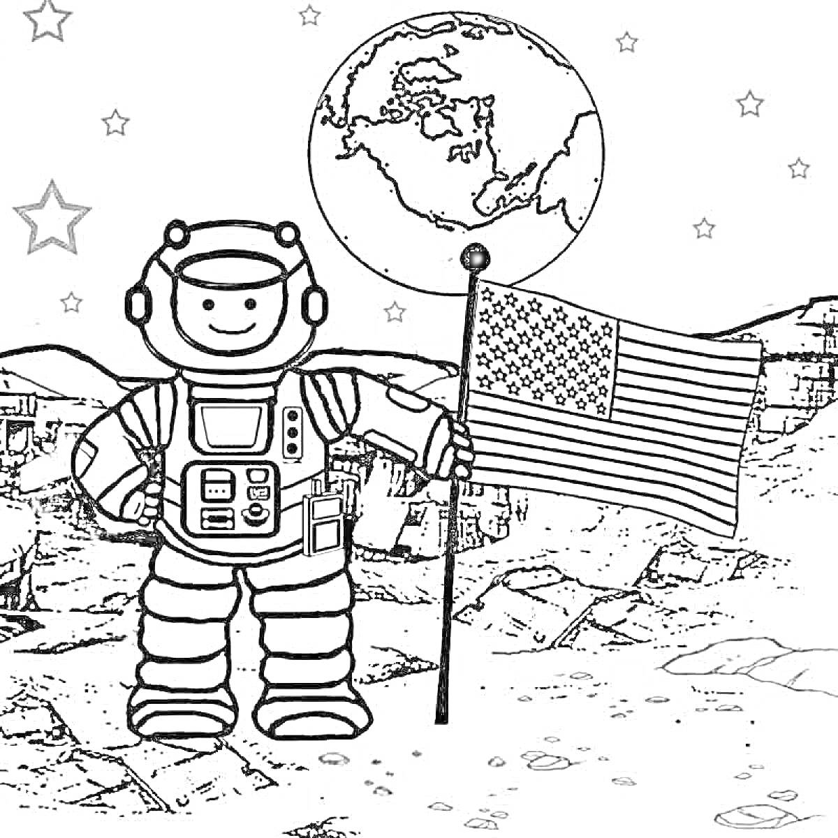 На раскраске изображено: Луна, Американский флаг, Звезды, Земля, Космический костюм, Космос, Планеты, Космонавты