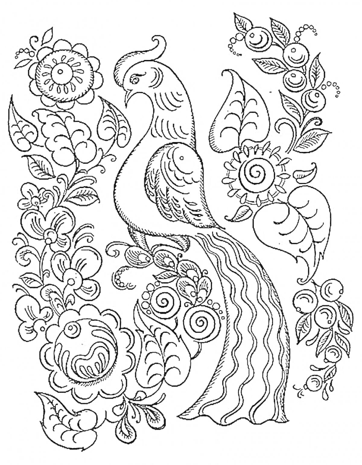 Раскраска Птица среди цветов и листьев в стиле городецкой росписи