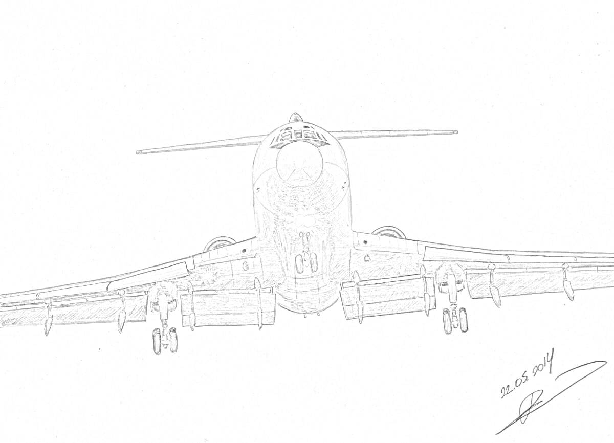 Ту-154 при посадке с видом спереди, с детализированными крыльями, шасси и фюзеляжем